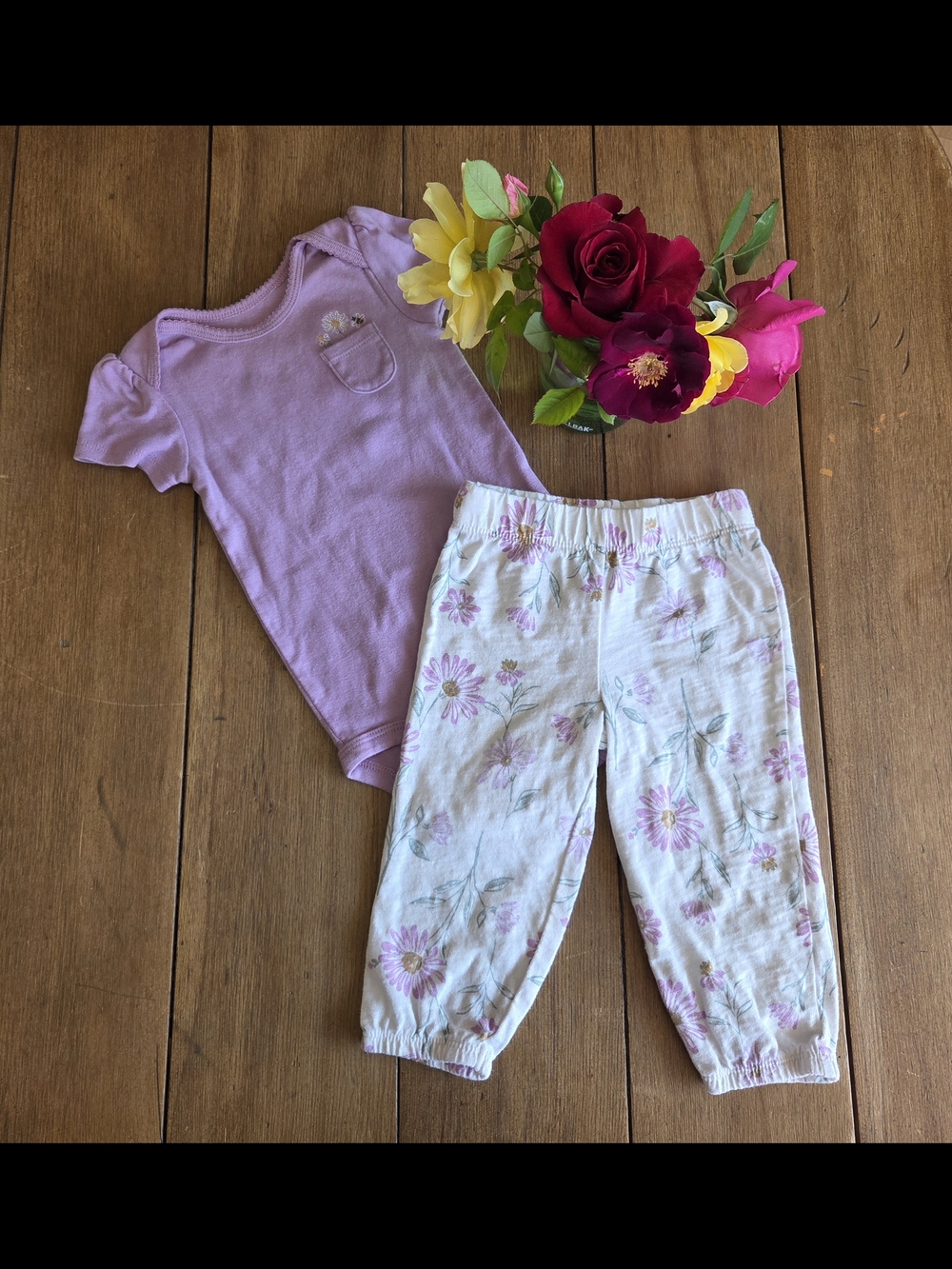 Carter's Lilac Short Sleeve Bodysuit with Floral Cream Pants